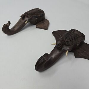VTG Hand Carved Wood Elephant Head Wall Hanging /Hooks 6"x5" Set of  2